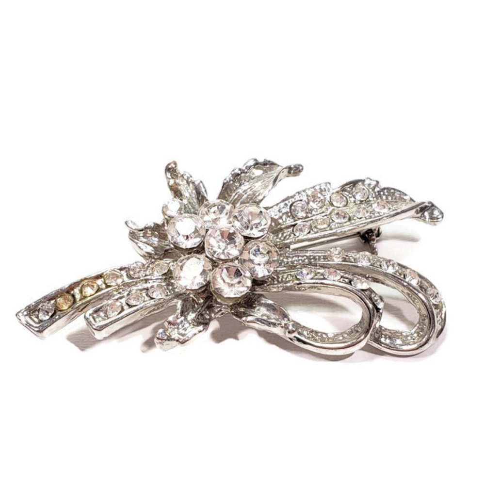 Vintage Silver Tone Floral Rhinestone Brooch